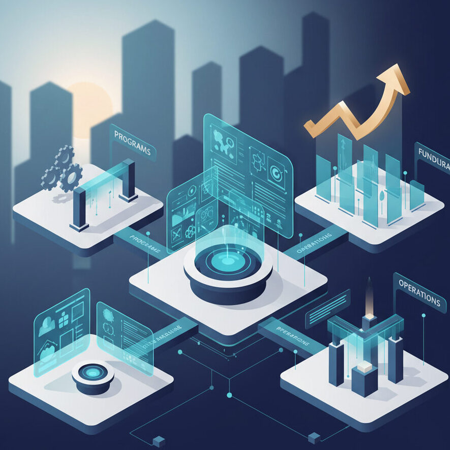 An isometric illustration representing “Impact Defined by Strategy, Not By Code”
A central node representing an organization surrounded by nodes for fundraising, operations, and fundraising.